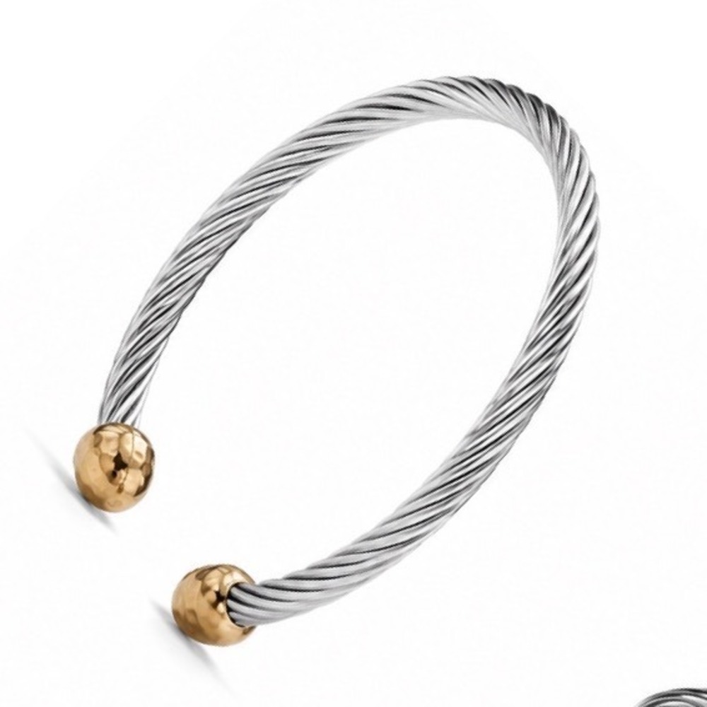 Twisted Cable Cuff Bracelet Two Tone Silver Gold Hammered End Caps Nautical Rope